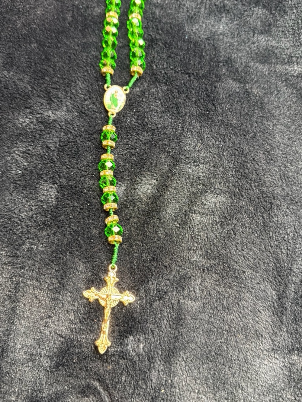 Gold Cross Rosary Necklace with Green Beads